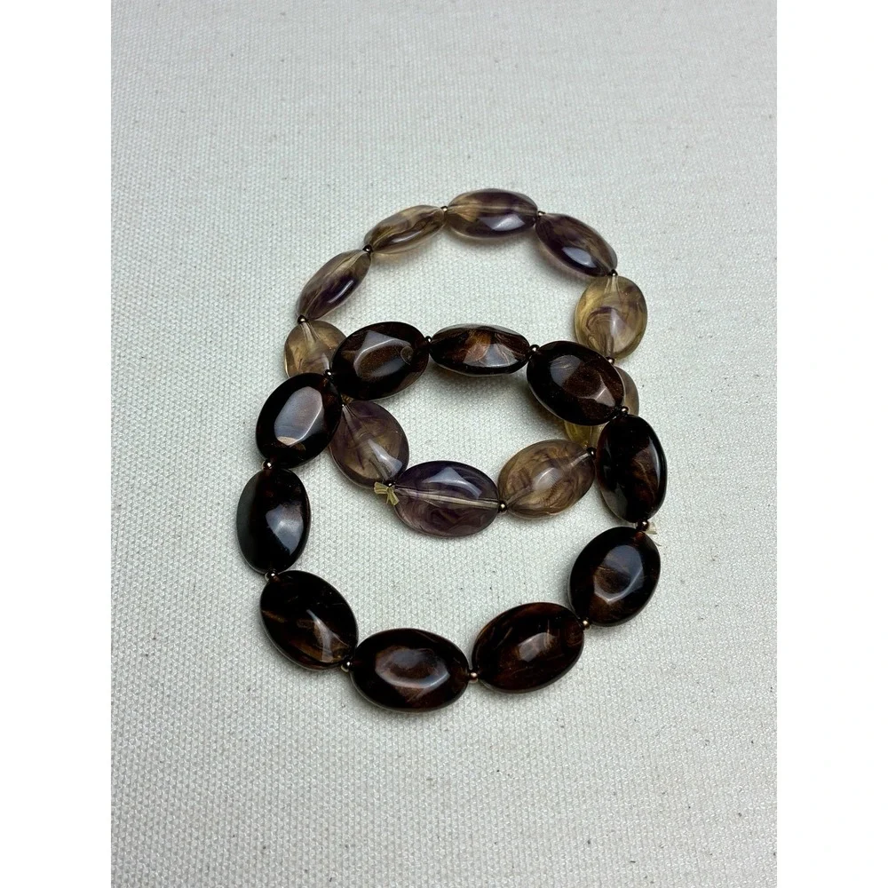 Vintage Marbled Lucite Acrylic Stretch Bracelet Set Brown Amber Purple Beads